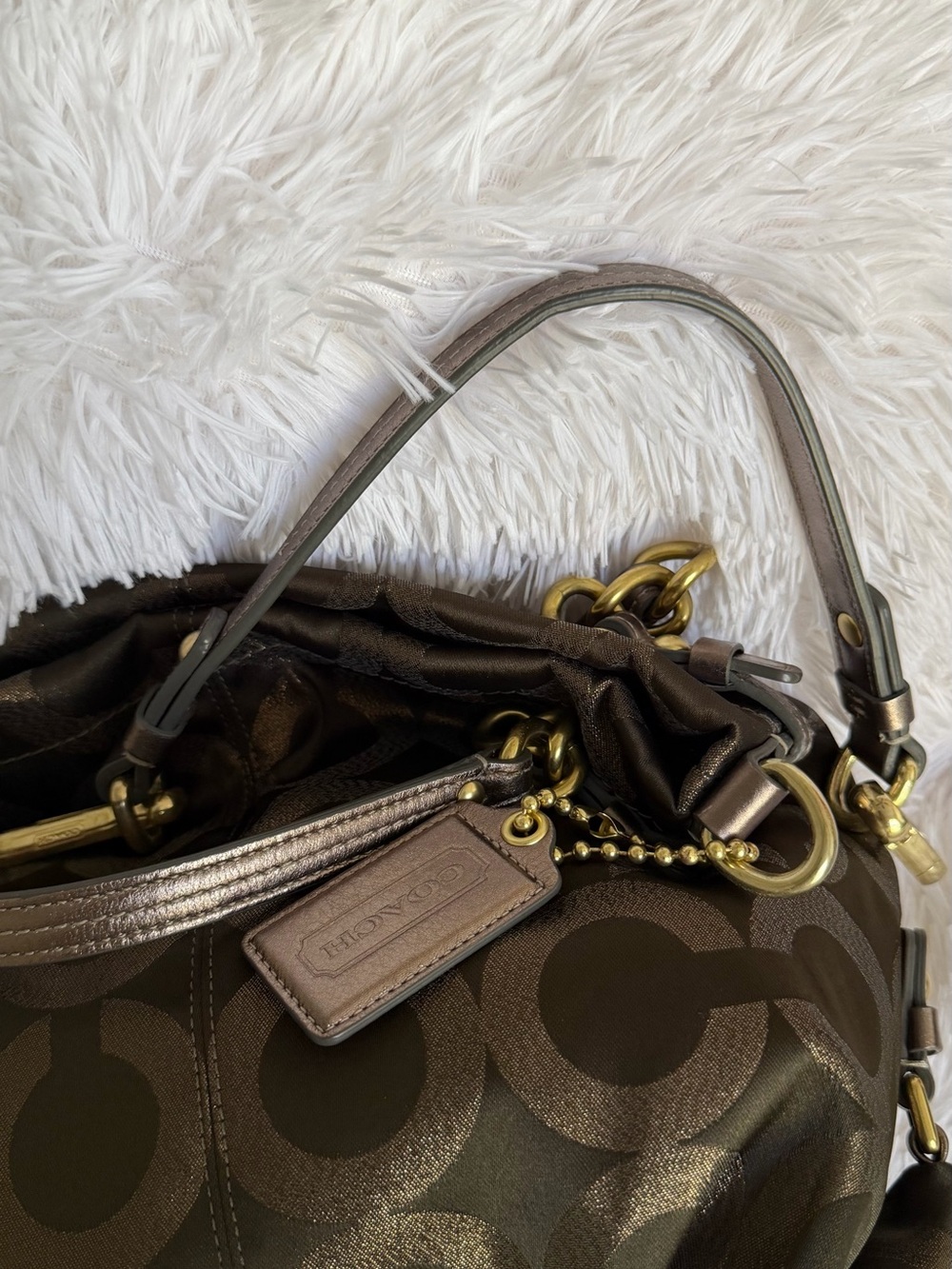 COACH Op Art Signature Sateen Brooke Bag Bronze Brown Shimmer Convertible 14144 - Picture 7 of 8